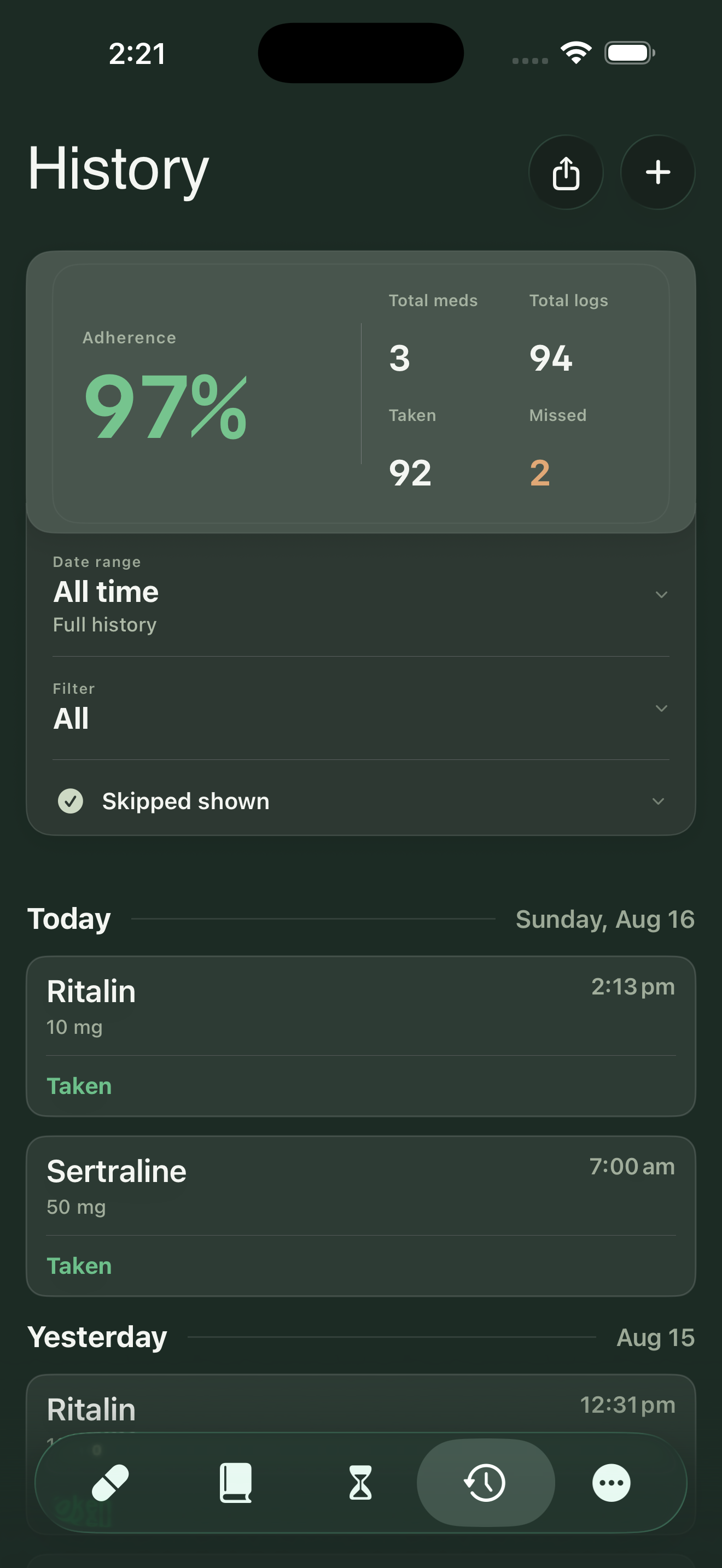 Pillr History screen showing adherence, medication log totals, filters, and taken-dose entries