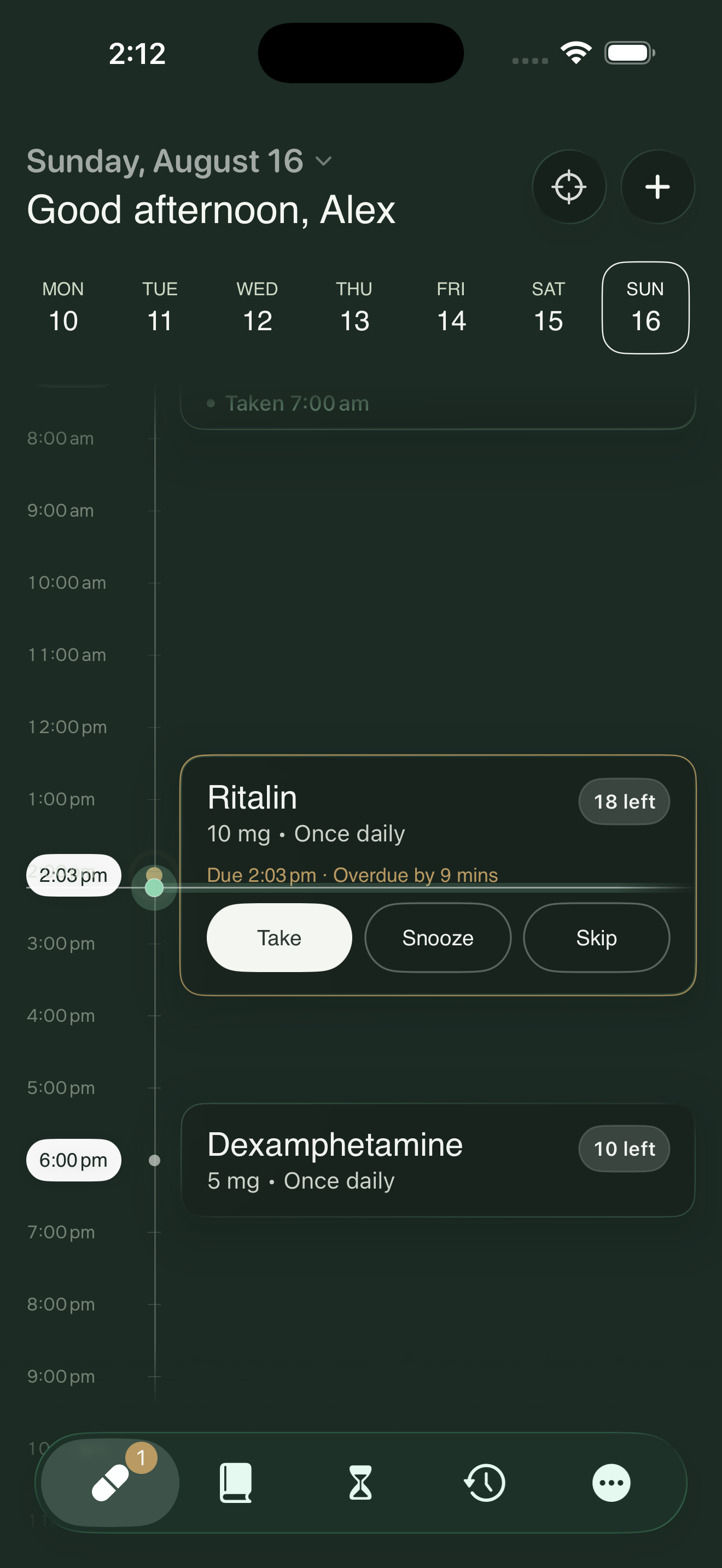 Pillr home screen showing an overdue medication, daily timeline, supply count, and quick dose actions on iPhone