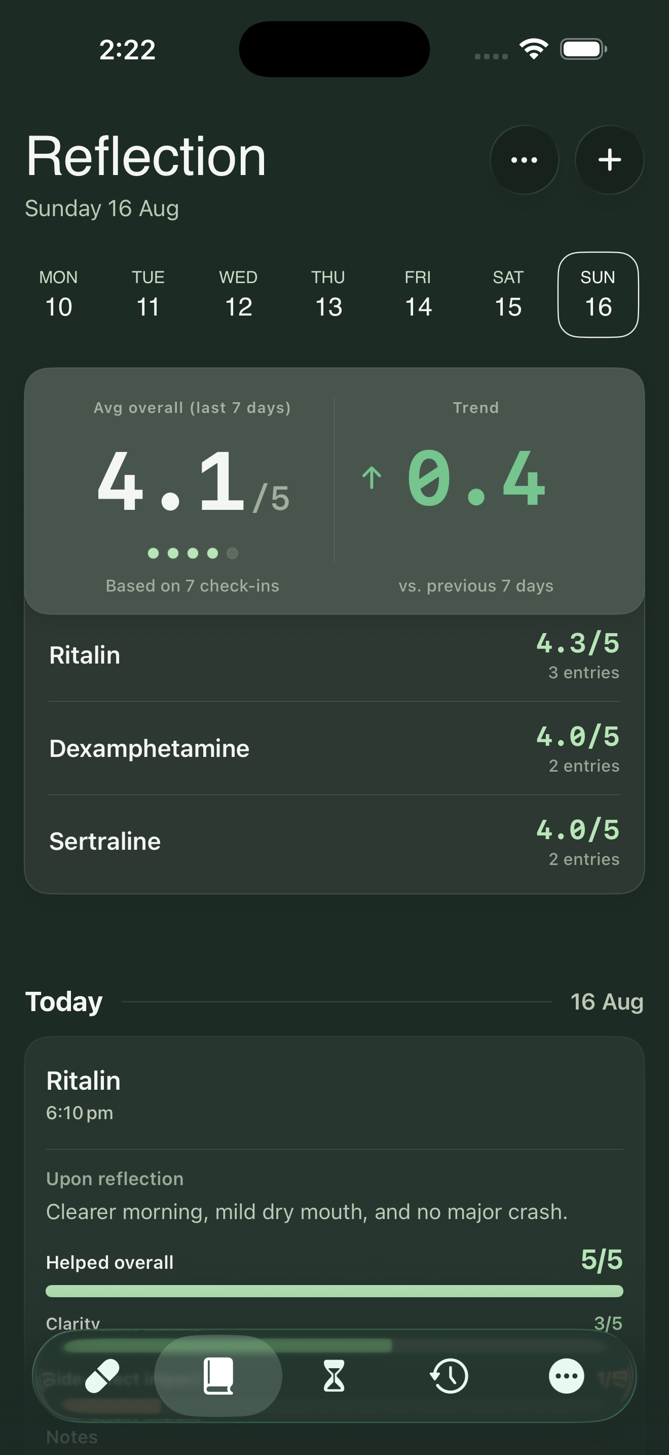 Pillr Reflection screen showing a seven-day average, trend, medication ratings, and a daily check-in