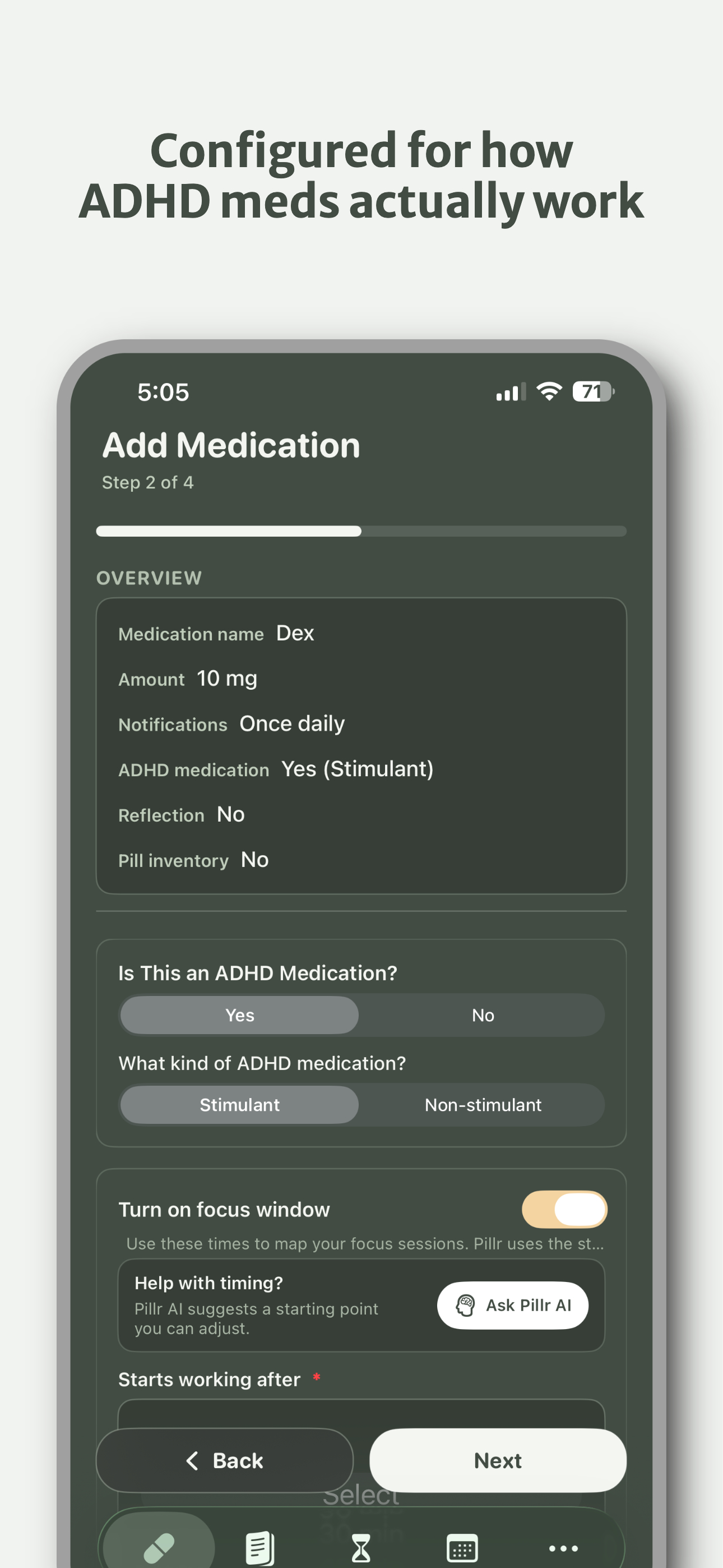 Pillr medication setup and reminders screen